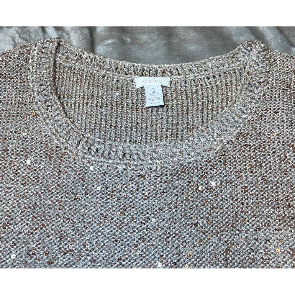 Chicos Womens Size 2 Metallic Knit Sweater Vest Beige Sparkle Casual Work Party - Picture 5 of 10